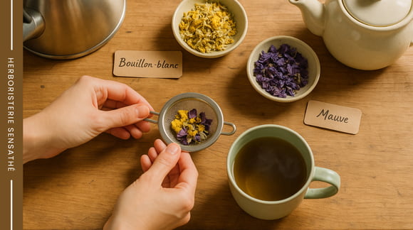 Préparation d'une tisane contre la toux grasse du matin - Herboristerie Sensathé